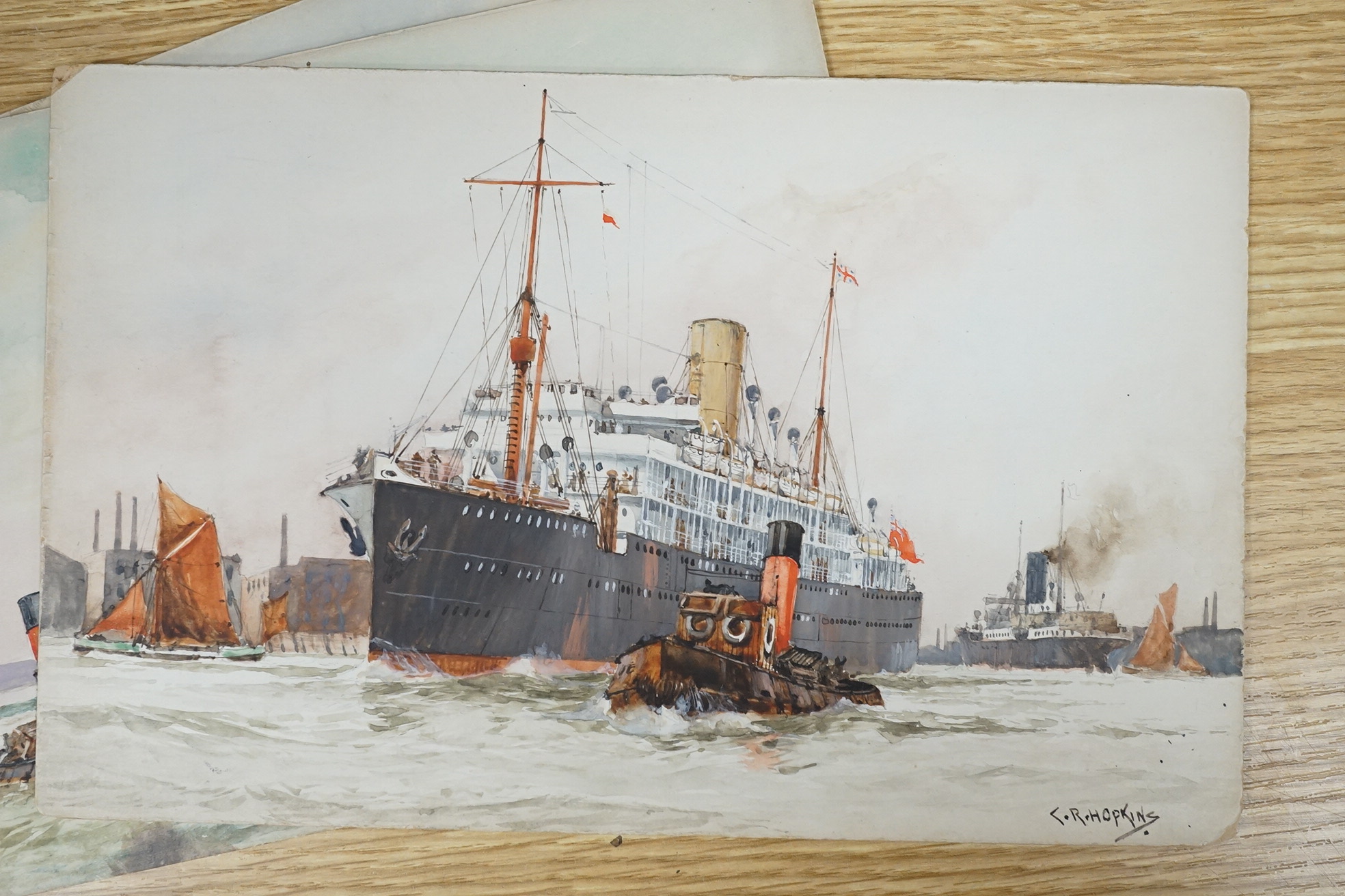 Charles R. Hopkins, set of four original watercolours for postcard designs, maritime ocean liners, to include Orient Liner on the Lower Thames, RMS Mooltan, P&O Line and RMS Asturias Royal Mail Liner, each signed, 17 x 2